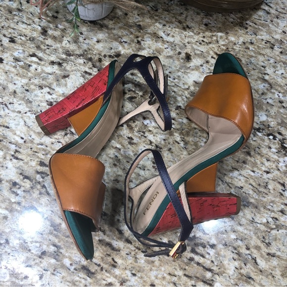Fendi Olive Faille Color Block Ankle Strap Sandals - Picture 5 of 13